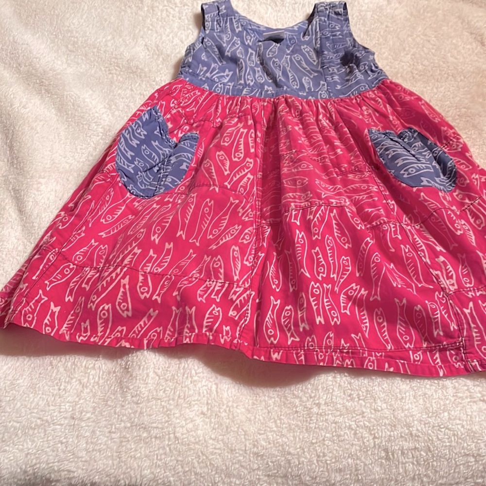 Corkey’s Kids,dress blue and pink with front pockets.